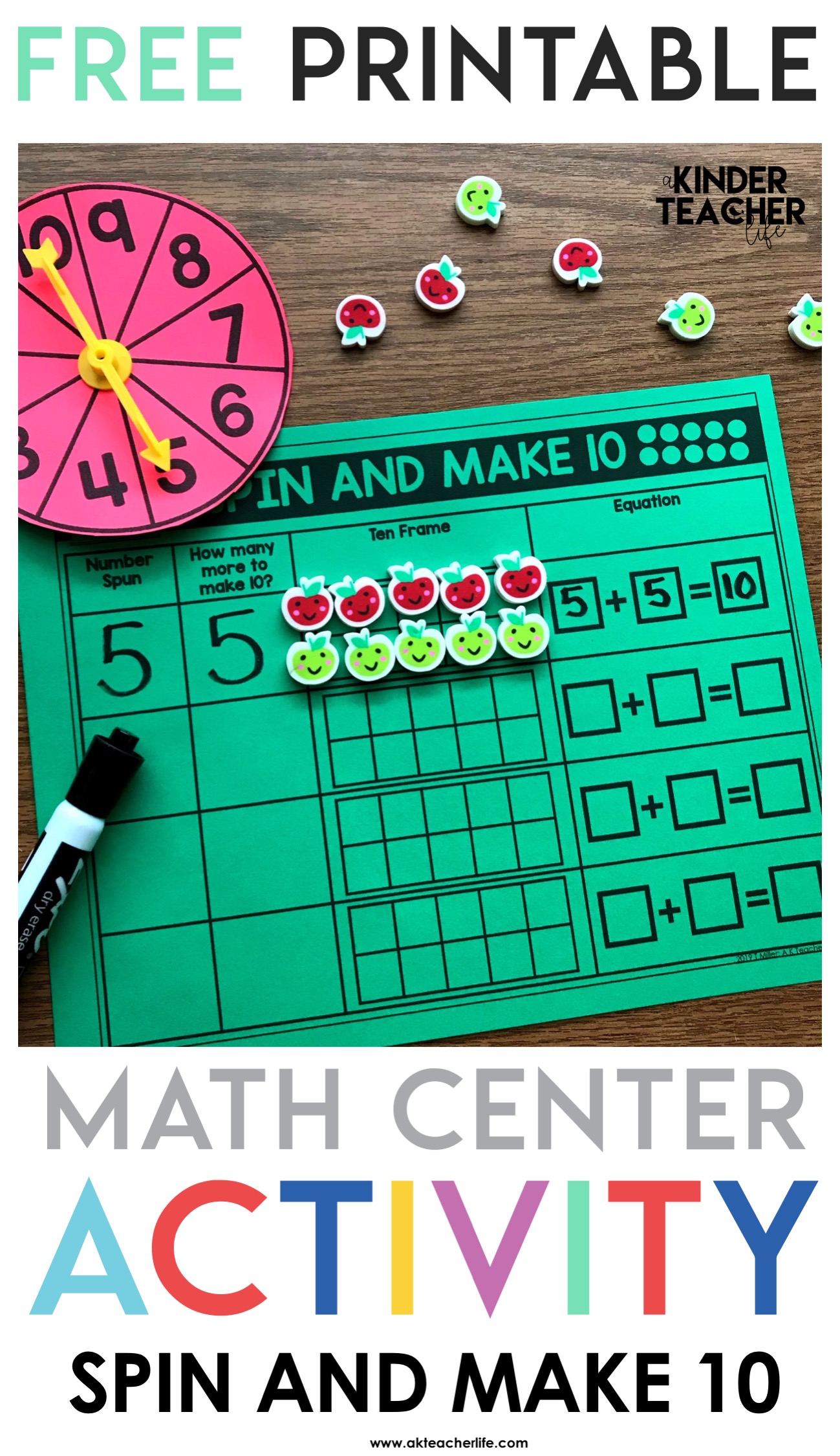 Spin and Make 10 - Free hands-on math center game to help primary students build fluency to 10. Students spin the spinner and write how many more they need to make 10. Then, they model it on a ten frame. Last, they write an equation. 