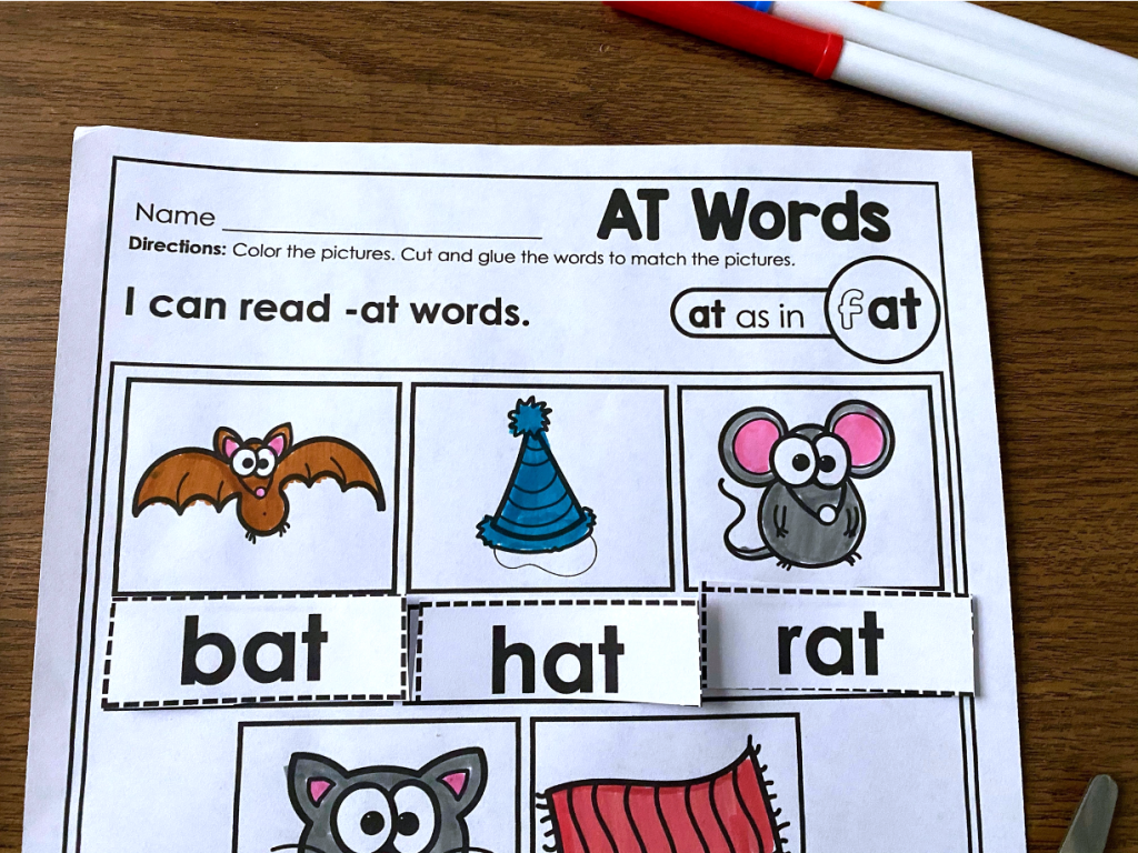 CVC Word Family printables. Students color, cut, glue and write  words from 24 word families using six differentiated worksheets. 